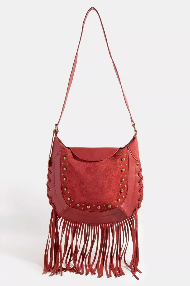 Rivet Trim Suede Fringe Shoulder Bag at In Style Chics Boutique