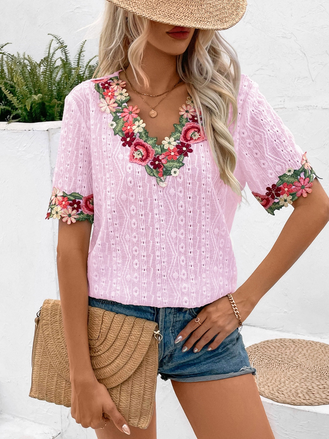 Eyelet Embroidered V-Neck Short Sleeve Blouse - More Colors! - In Style Chics Boutique LLC