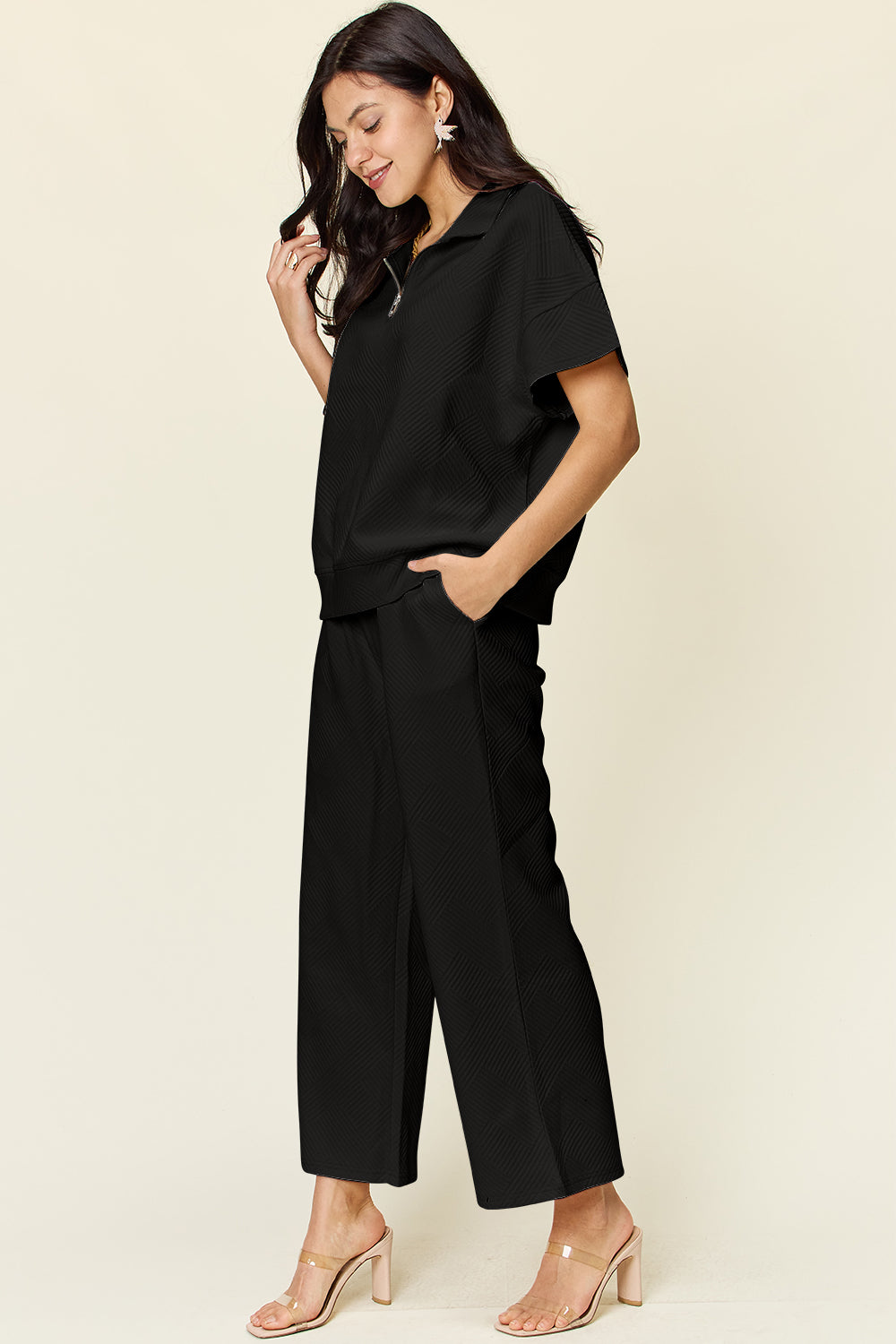 Double Take Texture Half Zip Short Sleeve Top & Pants Set- More Colors! - In Style Chics Boutique LLC