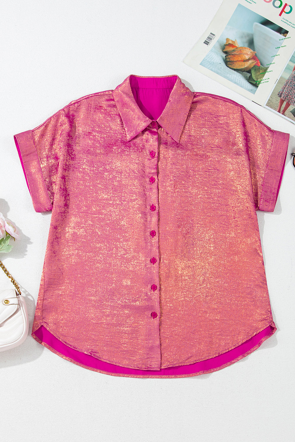 Rose Red Metallic Sheen Short Sleeve Buttoned Front Shirt - Cute Clothes In Style Chics Boutique Online Clothing Women's Juniors Free Shipping