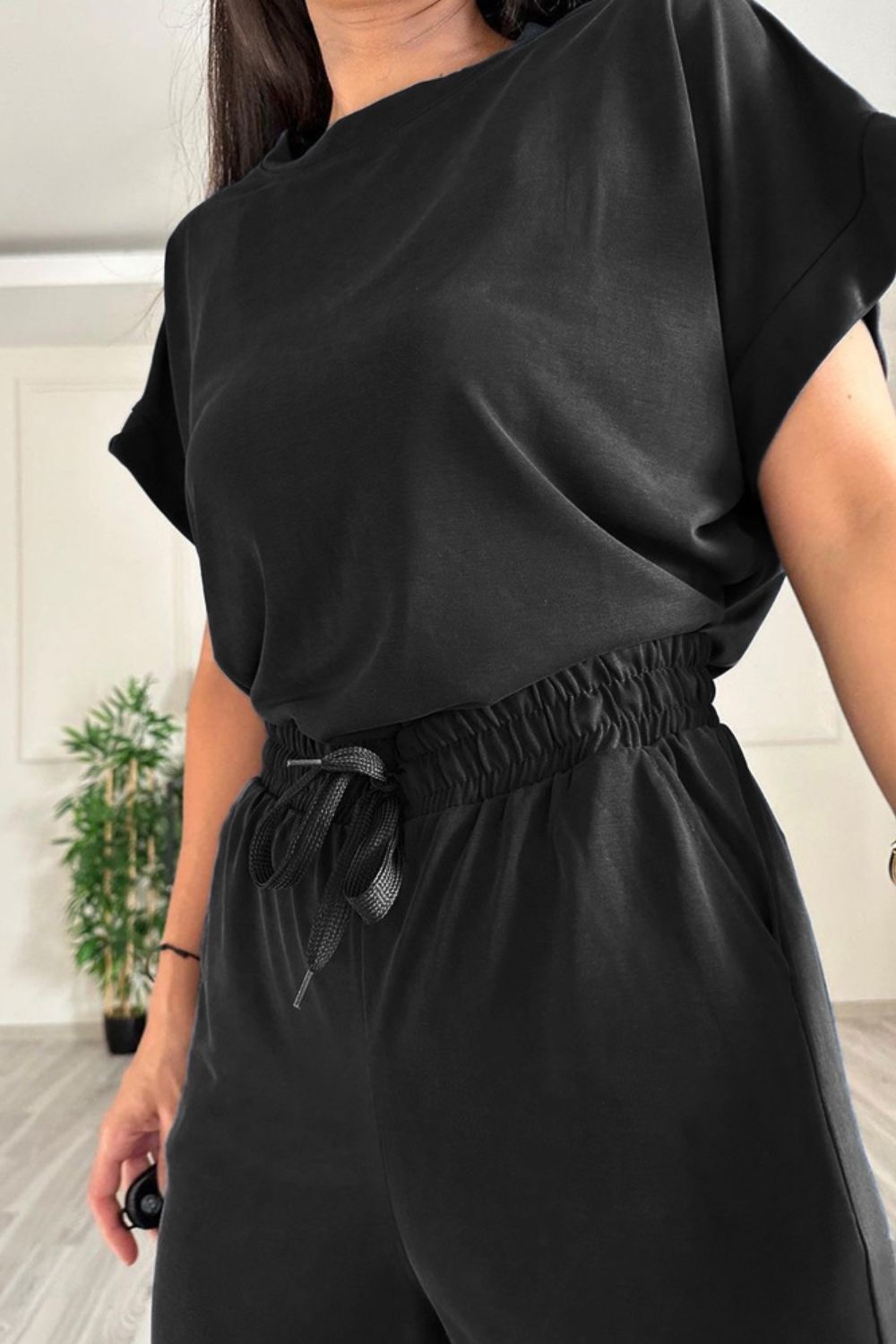 Round Neck Short Sleeve Top and Drawstring Pants Set - In Style Chics Boutique LLC