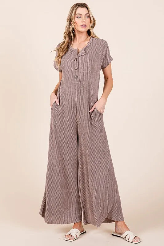 Rib Knit Jumpsuit with Button Detail