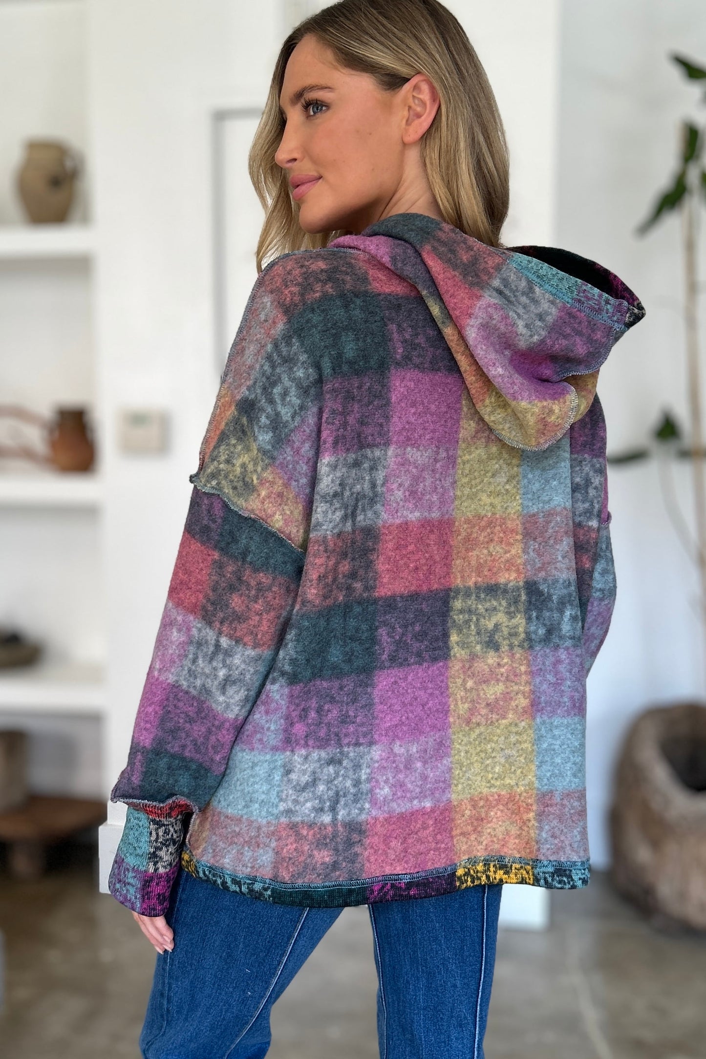 Double Take Full Size Plaid Dropped Shoulder Fleece Hoodie - In Style Chics Boutique LLC