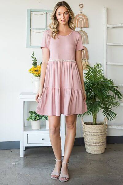 Solid Mini Tiered Dress with Pompom Lace - In Style Chics Boutique