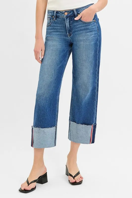 RISEN Cropped Jeans,Wide Leg Cuffed Tummy Control Mid Rise - In Style Chics Boutique Women's Juniors Plus Size Clothes