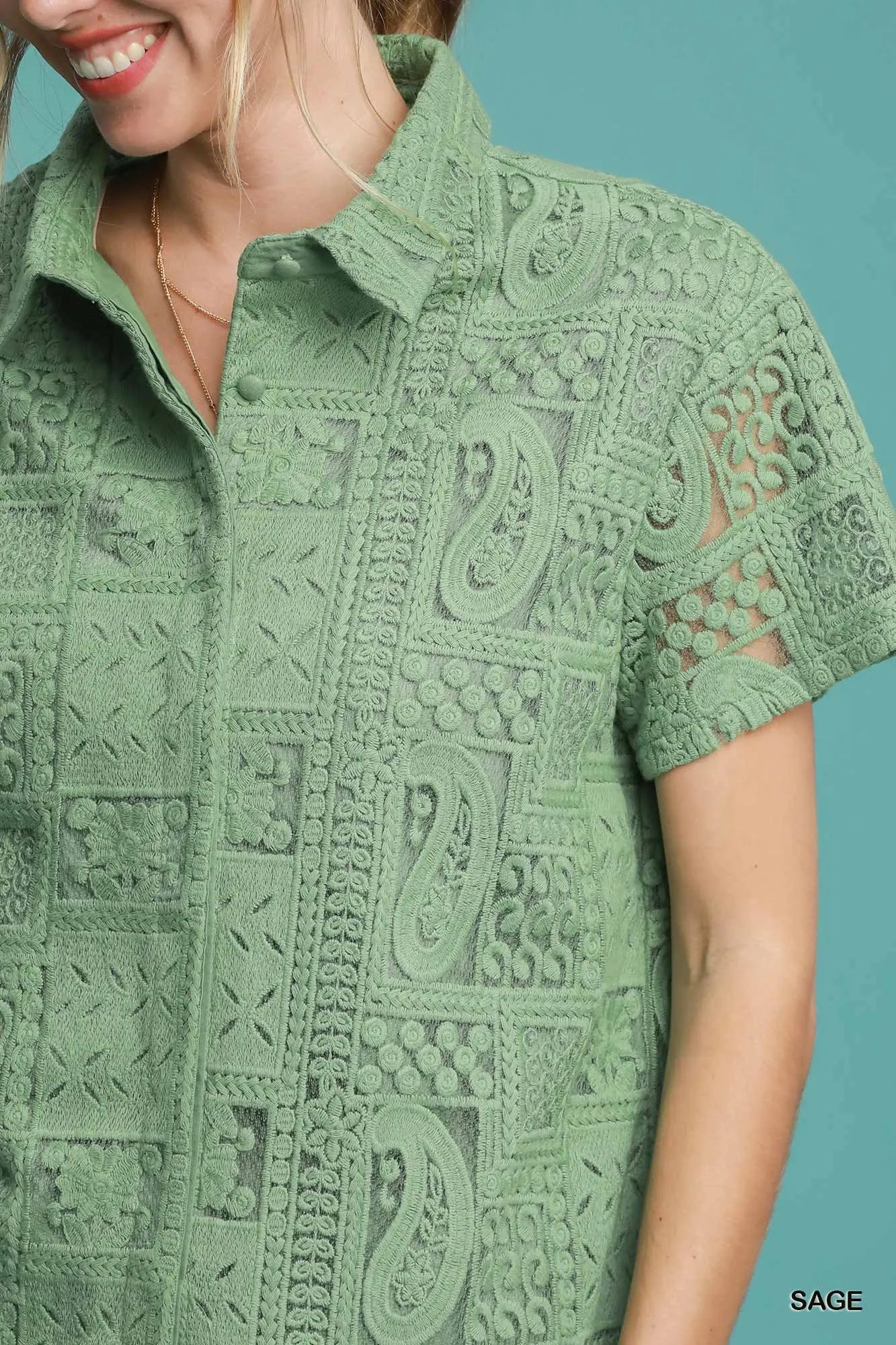 Short Sleeve Button Down Shirt, Patch Lace at In Style Chics Boutique