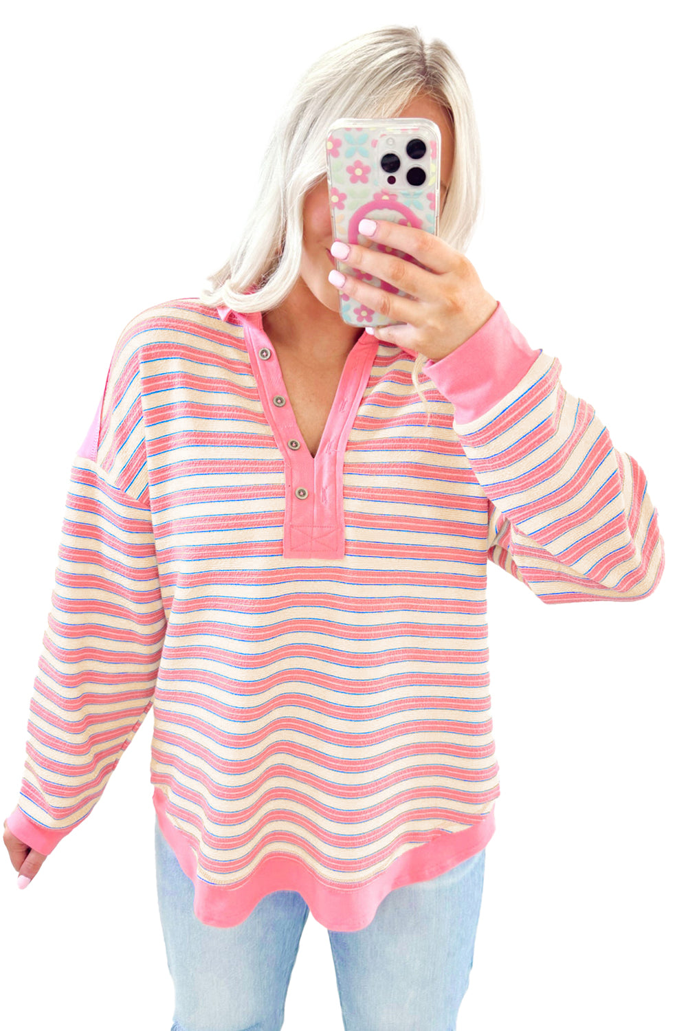 Stripe Collared V Neck Drop Shoulder Top - In Style Chics Boutique LLC