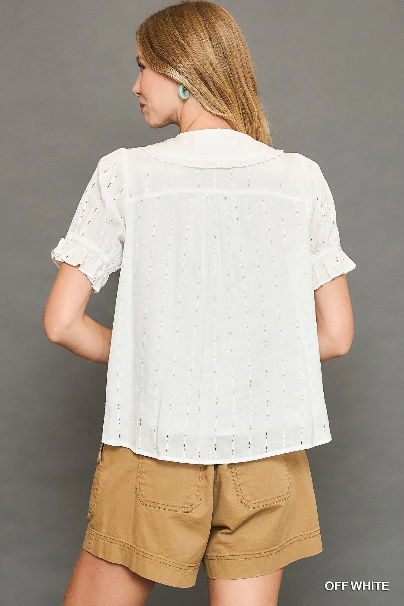 Button Down Textured Shirt with Ruffled Detail Peter Pan Collar at In Style Chics Boutique