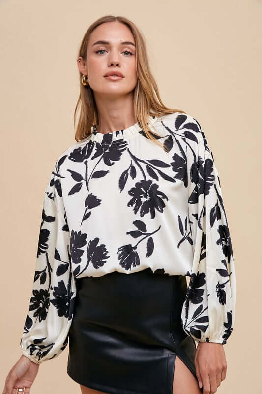 Annie Wear Frill Printed Balloon Sleeve Blouse - In Style Chics Boutique LLC