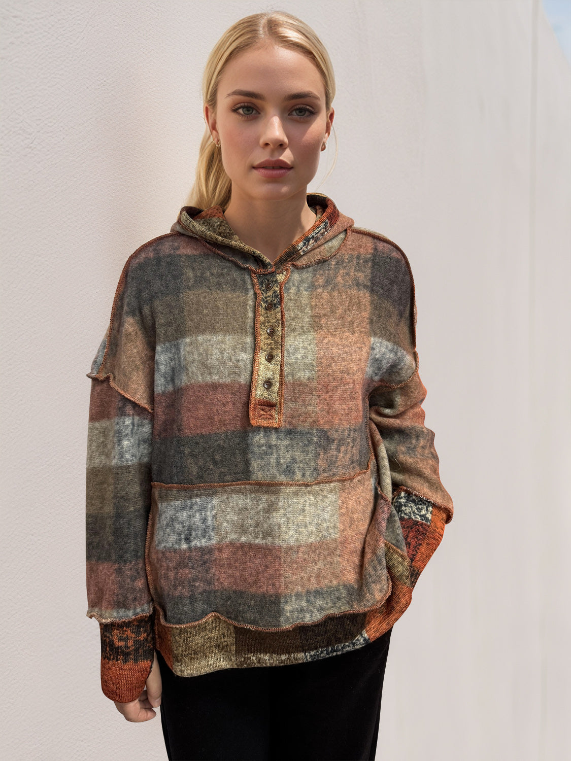 Double Take Full Size Plaid Dropped Shoulder Fleece Hoodie - In Style Chics Boutique LLC