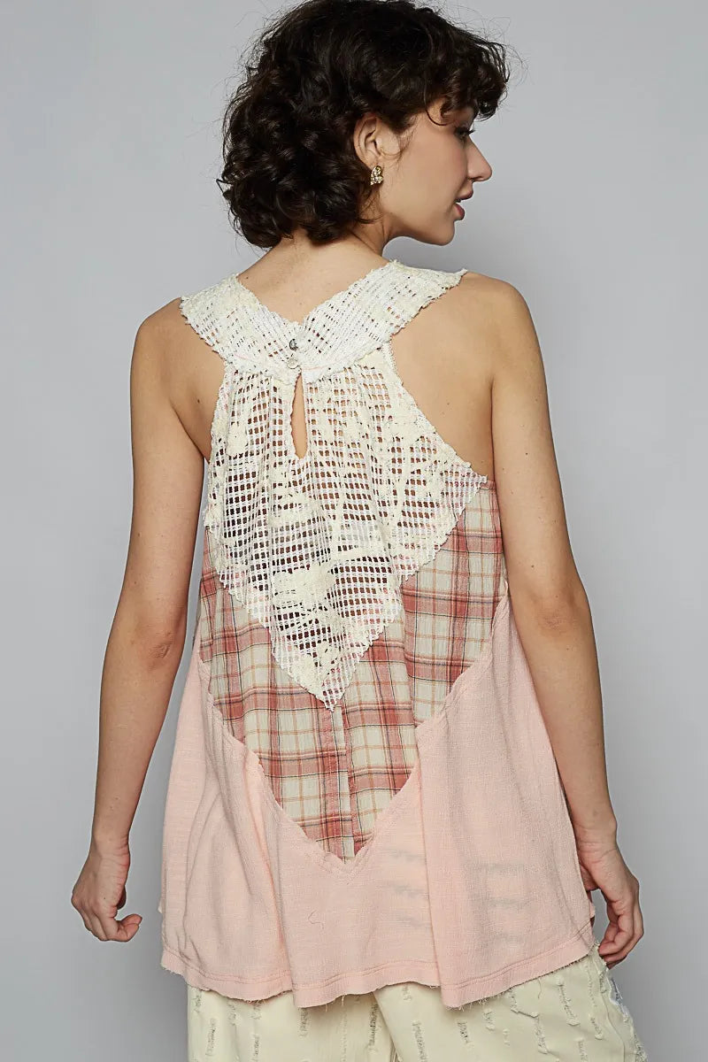 Crochet Lace Tank Top with Plaid Panel Detail - In Style Chics Boutique