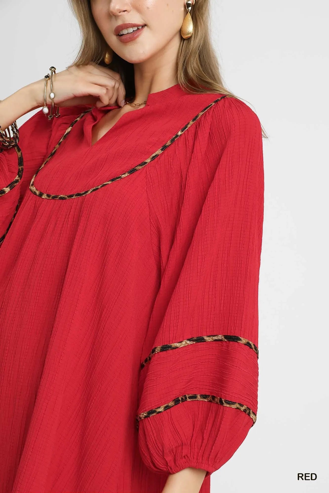 Textured Babydoll Dress with Leopard Trim at In Style Chics Boutique