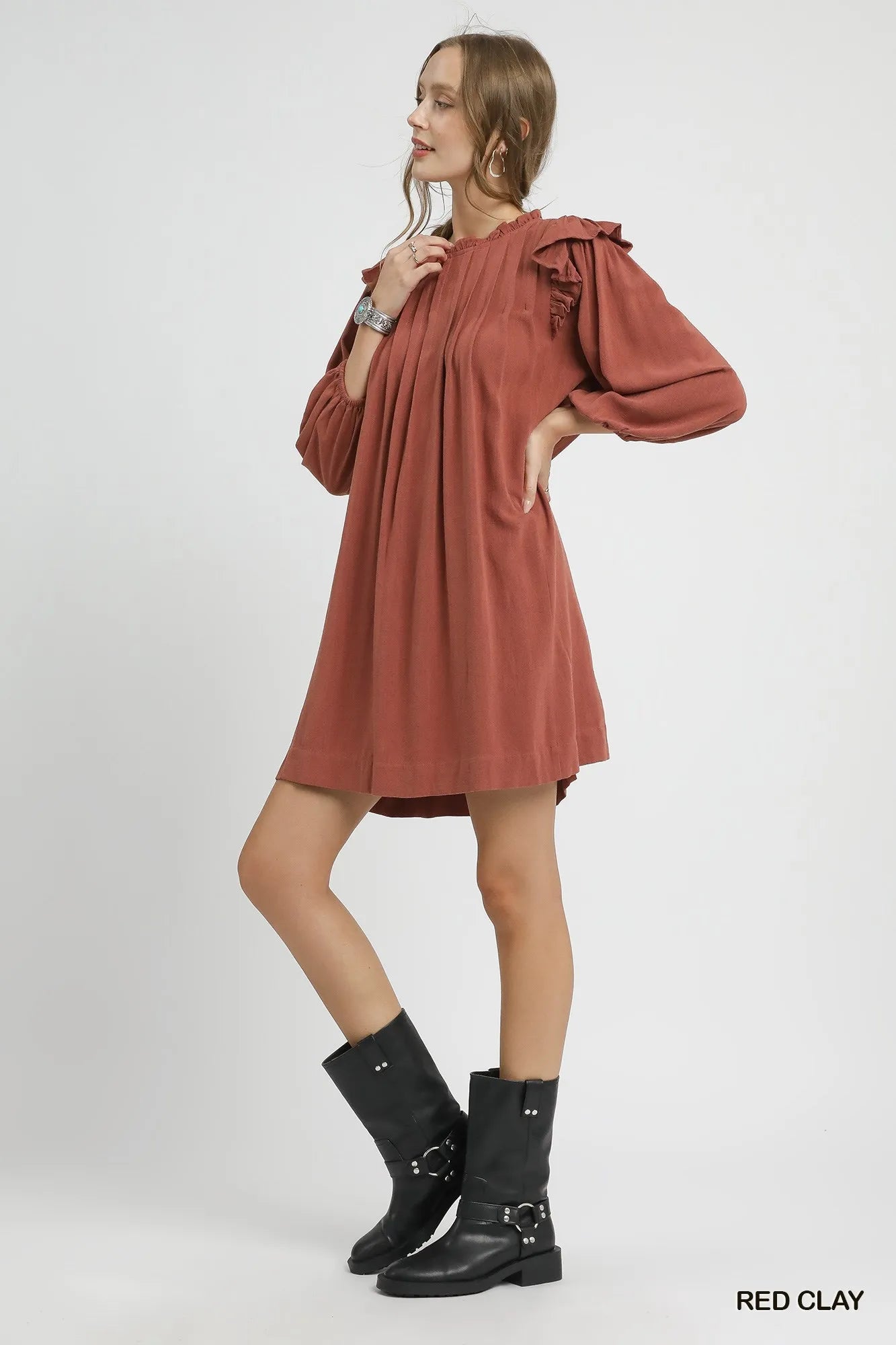 Linen Babydoll Dress, Ruffle Shoulder Pleated at In Style Chics Boutique