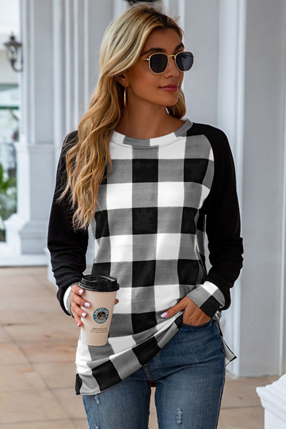 Plaid Round Neck Long Sleeve T-Shirt - In Style Chics Boutique LLC