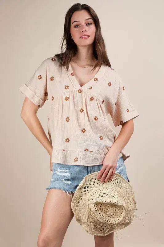 Flower Embroidered Woven Blouse