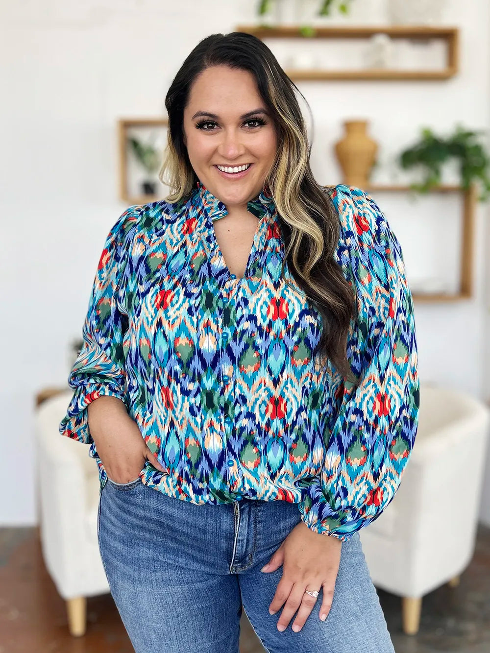 Printed Balloon Sleeve Blouse 💙 Shop Deals at In Style Chics Boutique