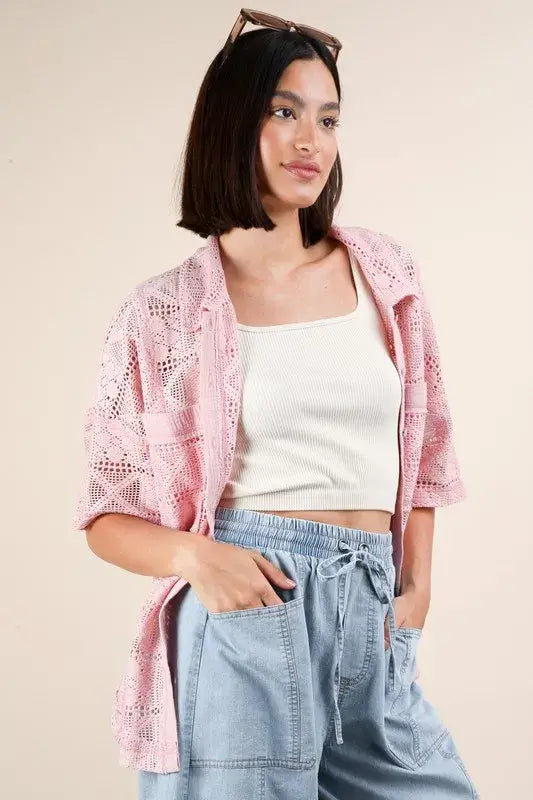 Plus Size Oversized Crochet Button Down Shirt Top - In Style Chics Boutique Online Women's Juniors Plus Size Apparel