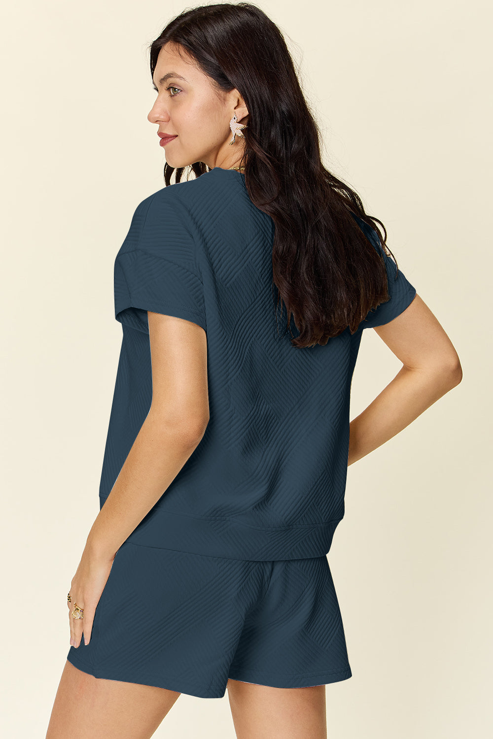 Double Take Texture Short Sleeve T-Shirt and Drawstring Shorts Set - In Style Chics Boutique LLC