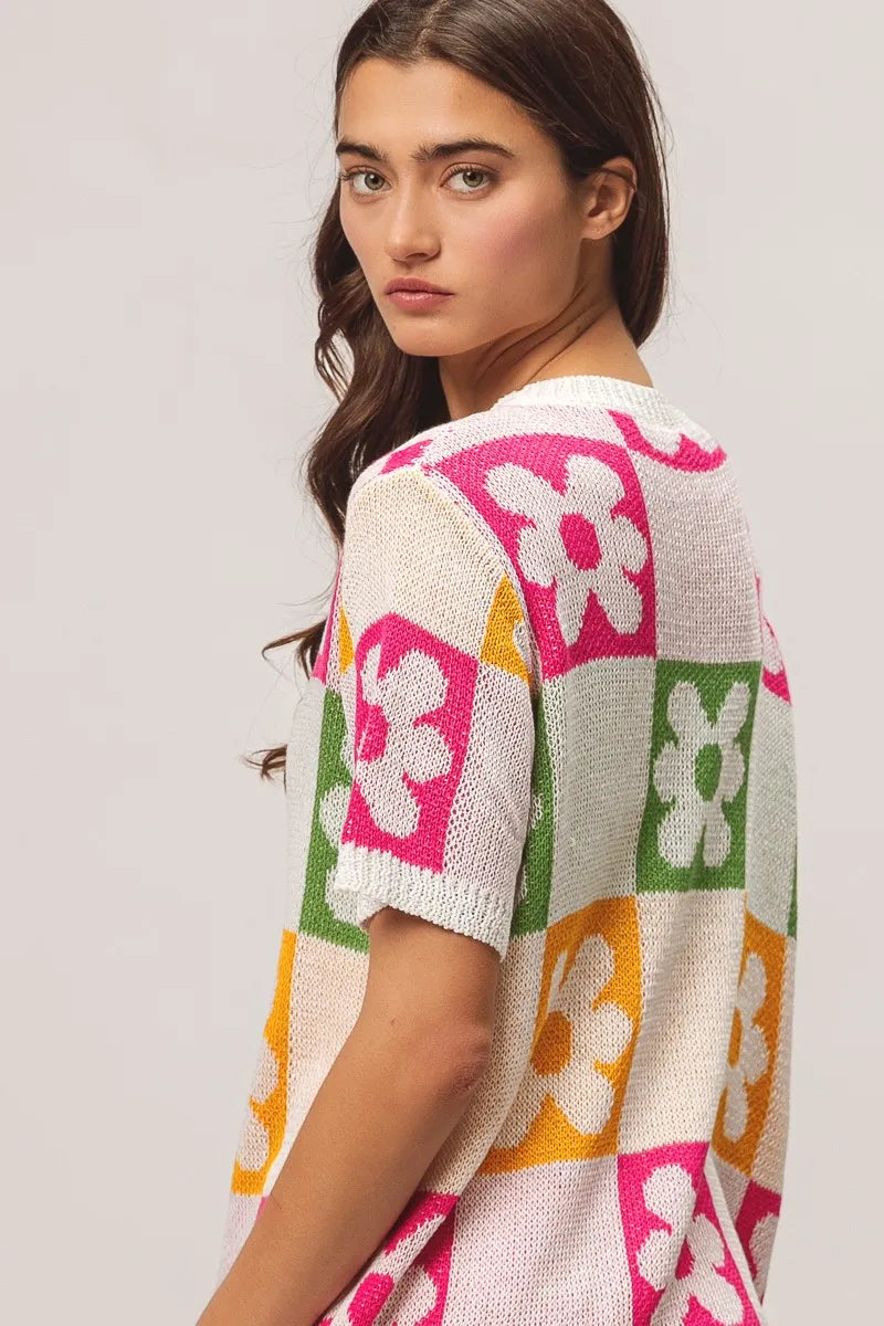 Sweater Top, Flower Checker Pattern Lightweight In Style Chics Boutique Where to buy stylish women’s clothes