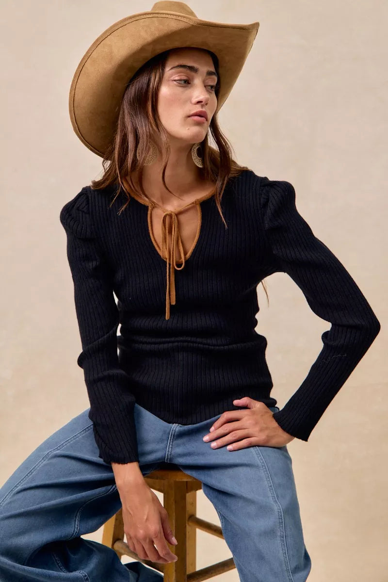Ribbed Contrast Front Tied 🖤 Top with Shirred Detail at In Style Chics Boutique