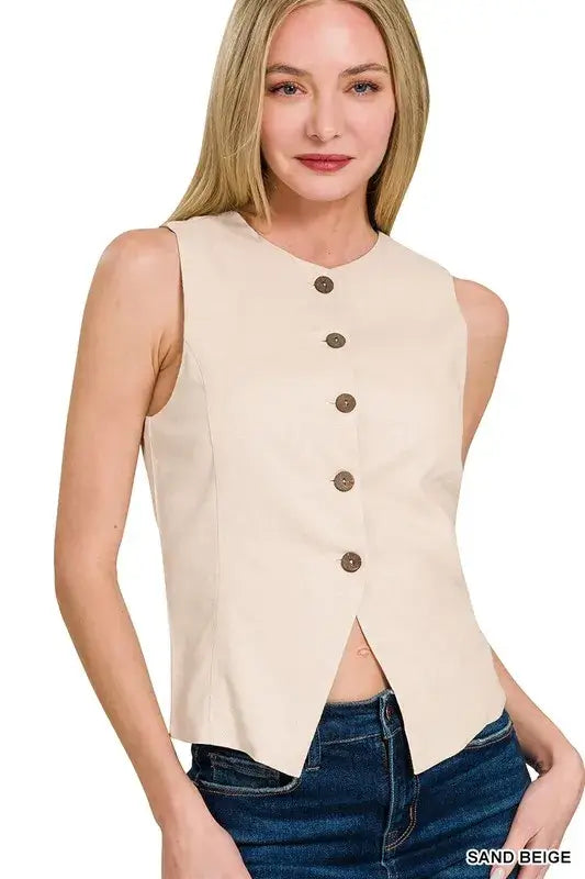 Linen Button Down Vest - Sand Beige