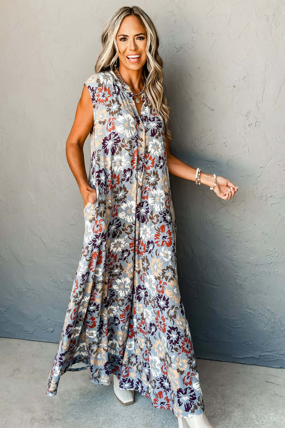 Sky Blue Floral Sleeveless Pocketed Wide Leg Jumpsuit - Cute Clothes for Spring - In Style Chics Boutique Online Women's Juniors Apparel