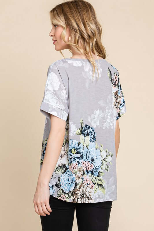 Floral Round Neck Short Sleeve T-Shirt - Cute Clothing Online Women's Juniors Apparel - In Style Chics Boutique
