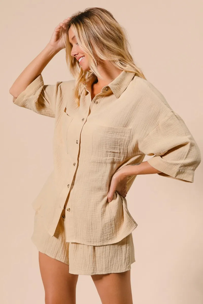 Crinkle Gauze Shirt and Short Set For Women - In Style Chics Boutique Women's Juniors Cute Clothes Online