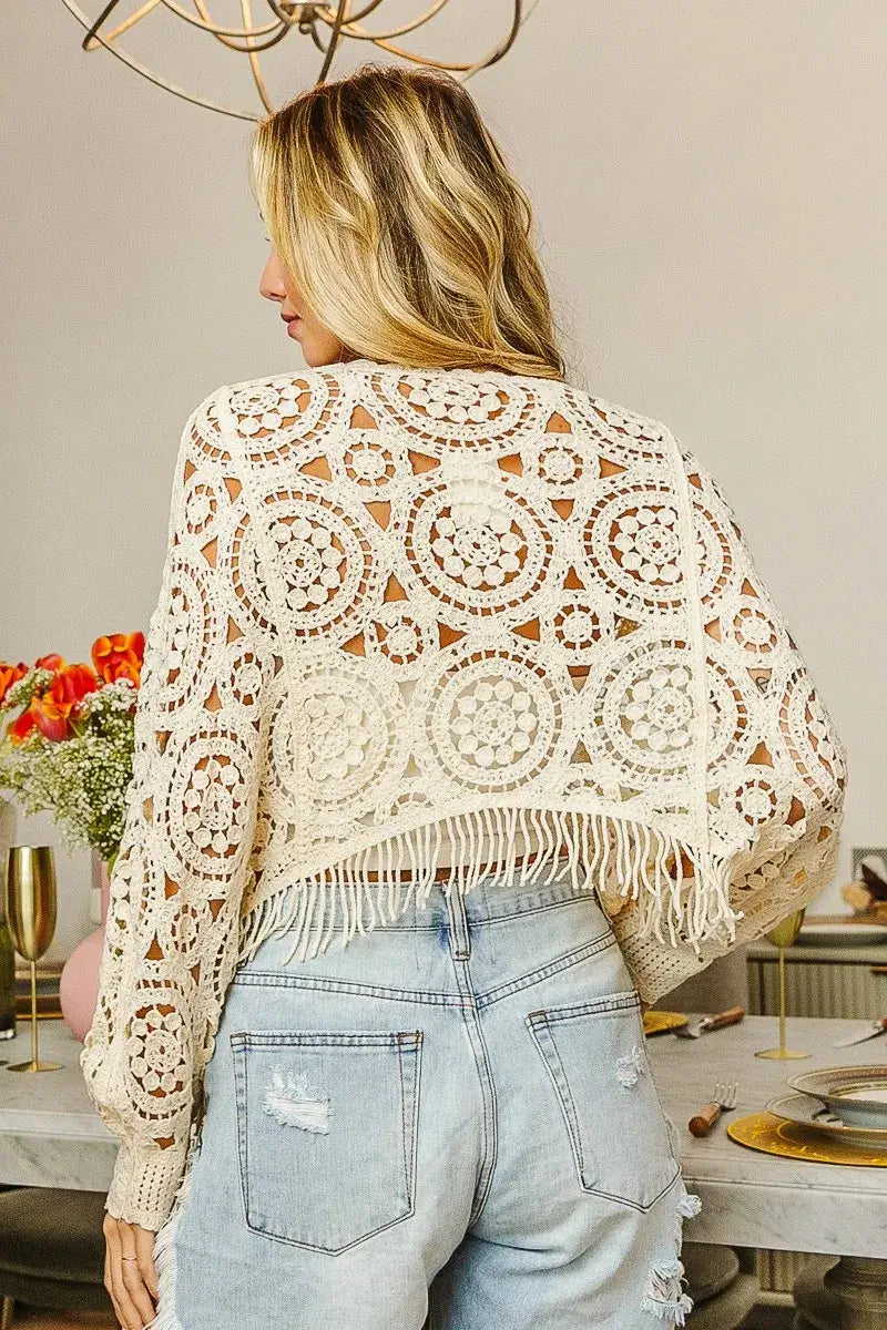 Dolman Sleeve Fringed Crochet Lace Cover Up - In Style Chics Boutique Fashion Style Online