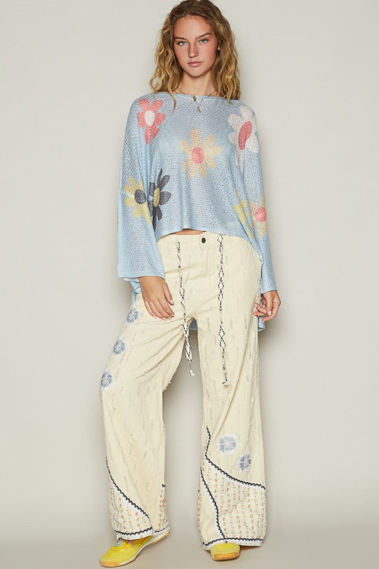 POL Flower Dropped Shoulder Long Sleeve Knit Top - In Style Chics Boutique LLC