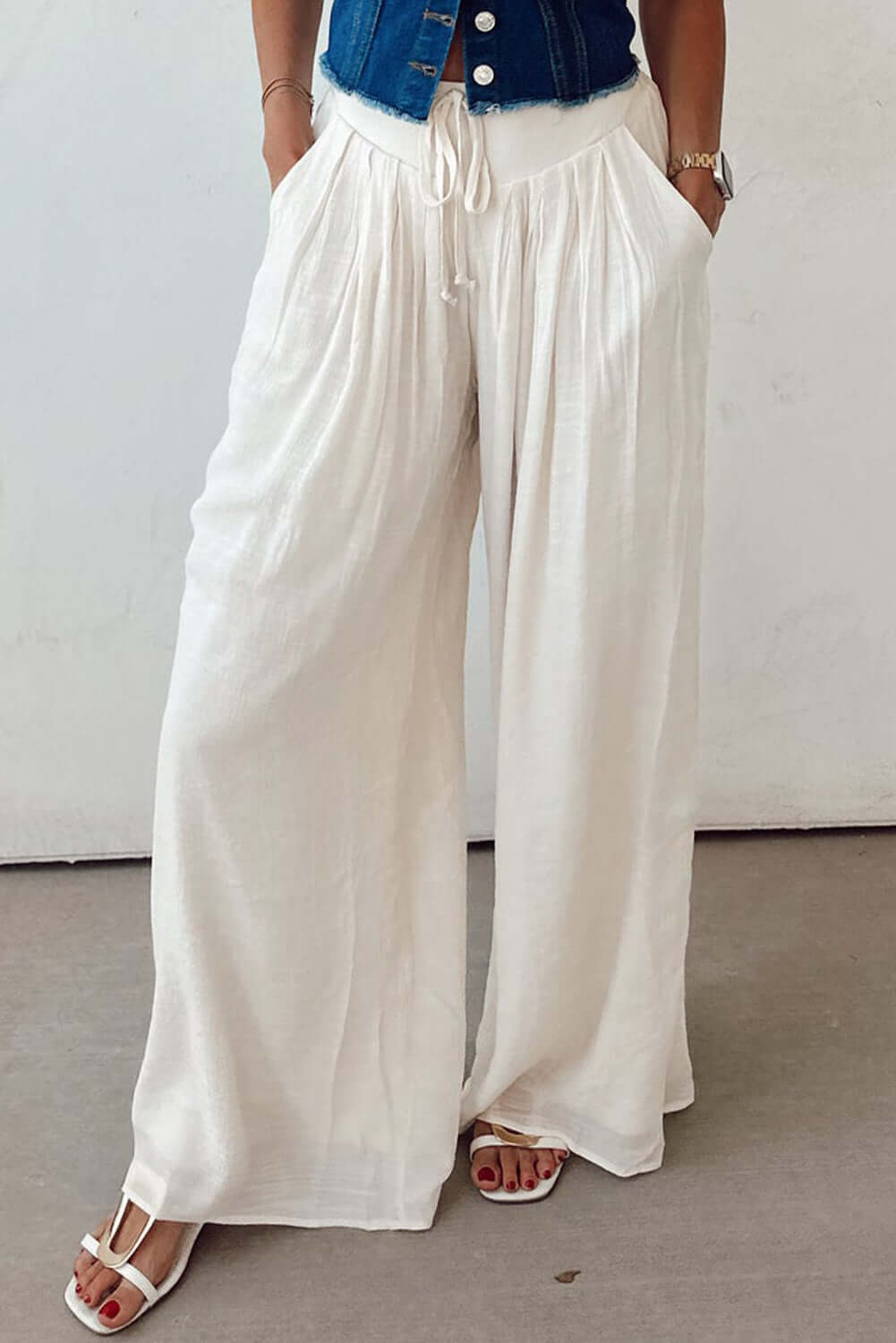 Women's Juniors White Casual Tie Waist Pleated Wide Leg Pants - Cute Clothes for Spring - In Style Chics Boutique Online Apparel