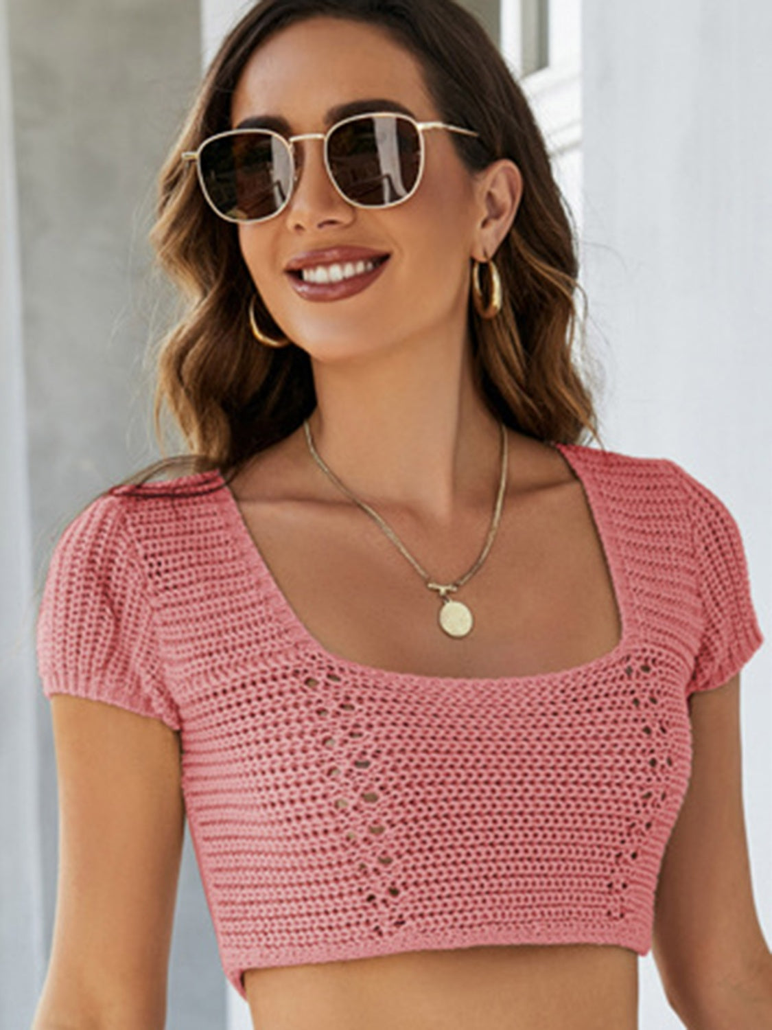 Lace-Up Openwork Square Neck Sweater - In Style Chics Boutique LLC