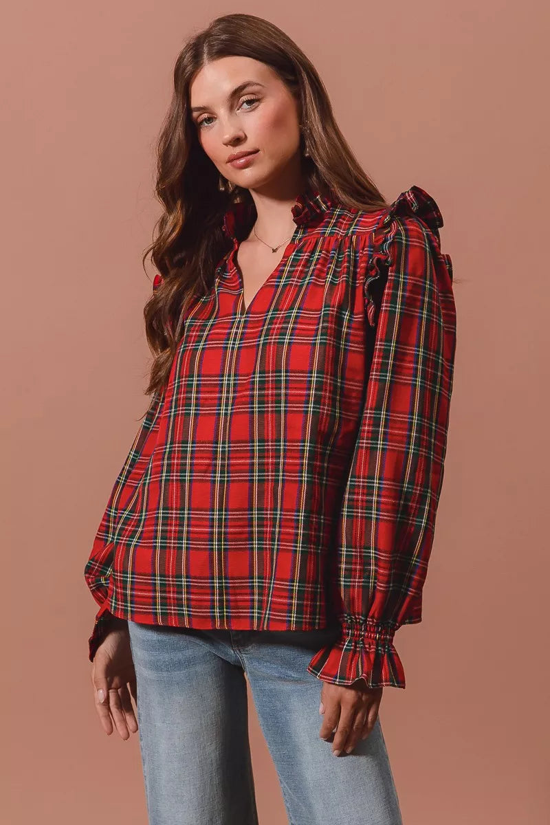 Christmas Checkered Plaid Smocked ♥️ Blouse at In Style Chics Boutique