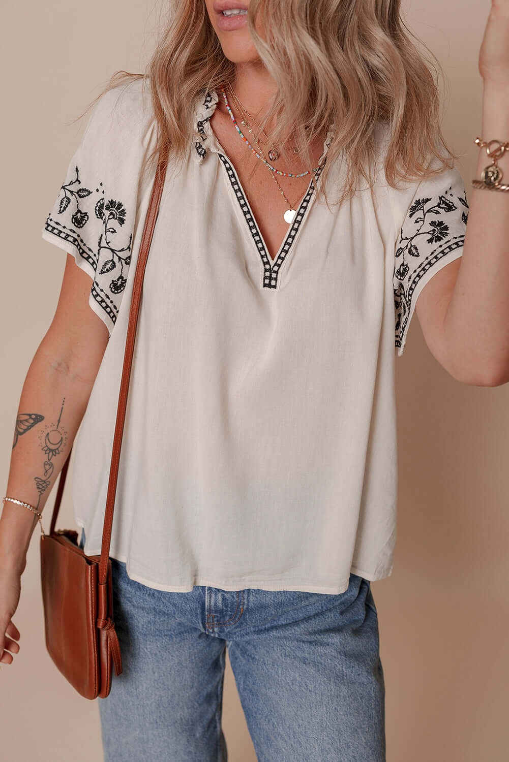 White Floral Embroidered Short Sleeve V Neck Blouse - Cute Clothes Online - In Style Chics Boutique Women's Juniors Apparel