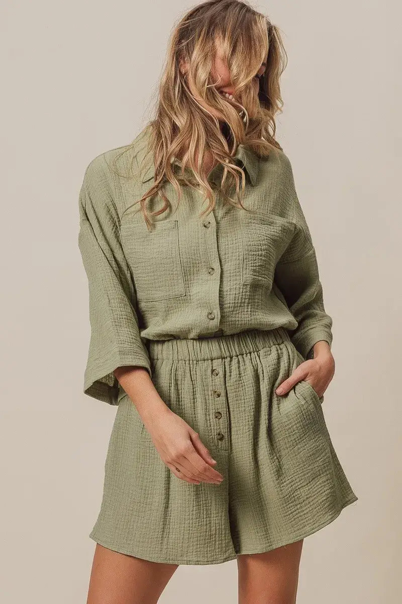 Crinkle Gauze Shirt and Short Set - In Style Chics Boutique