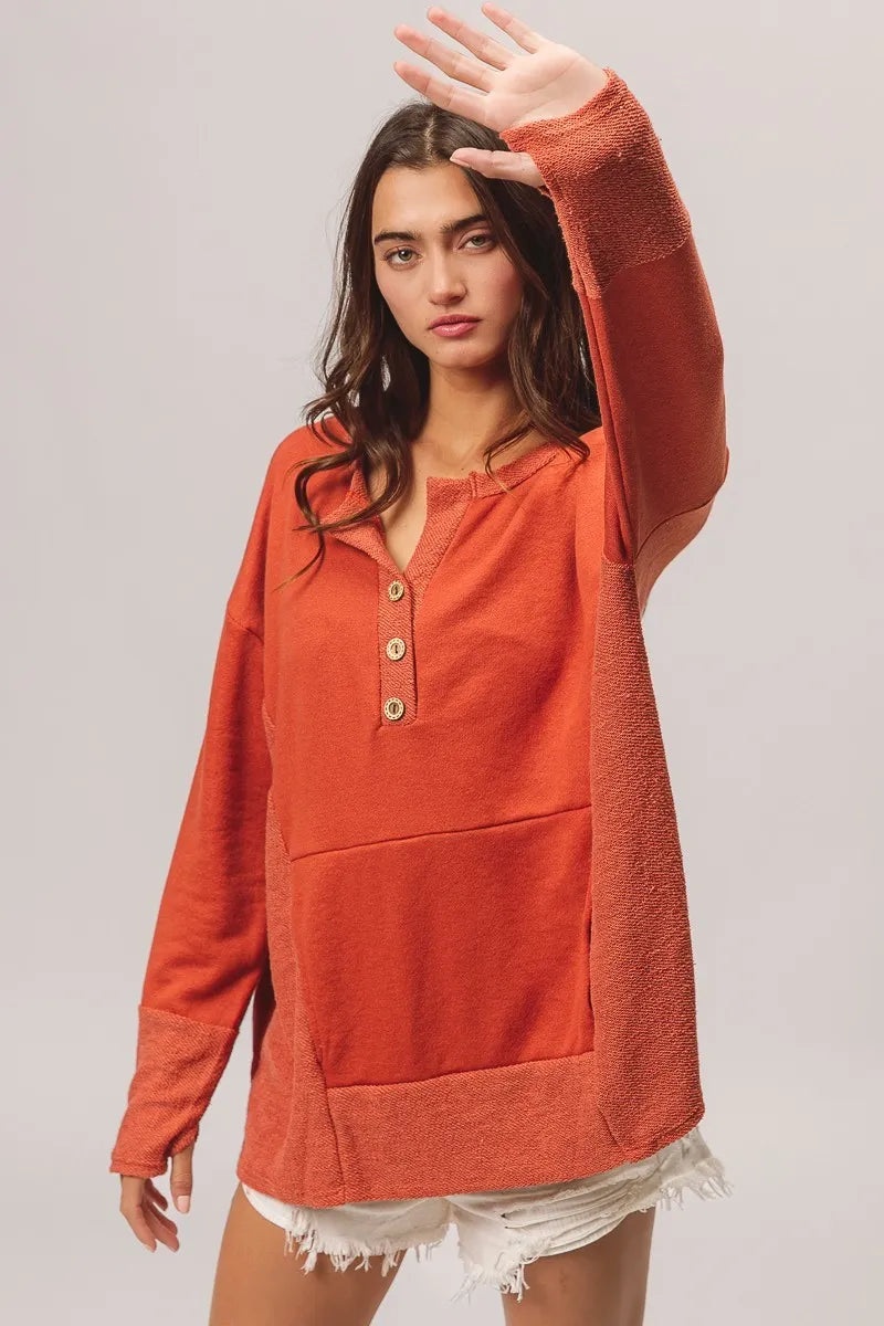 French Terry Knit Side Block Buttoned Henley Top at In Style Chics Boutique