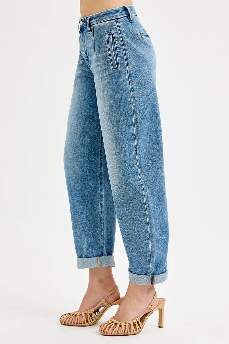 Mid Rise Fit Barrel Roll Up Jeans at In Style Chics Boutique