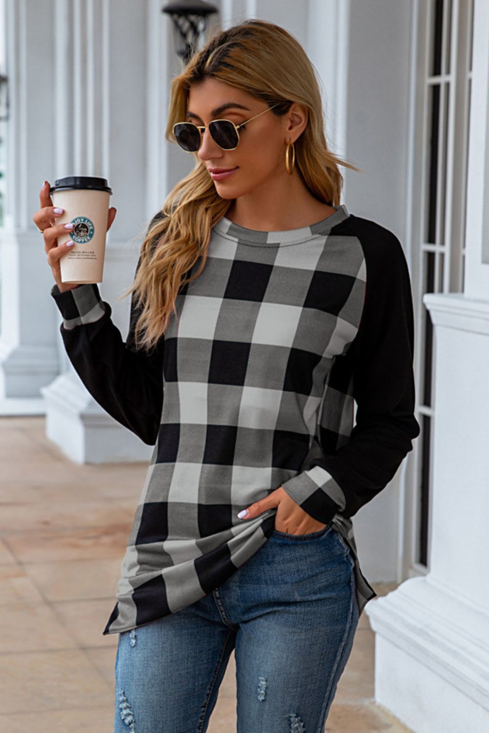 Plaid Round Neck Long Sleeve T-Shirt - In Style Chics Boutique LLC