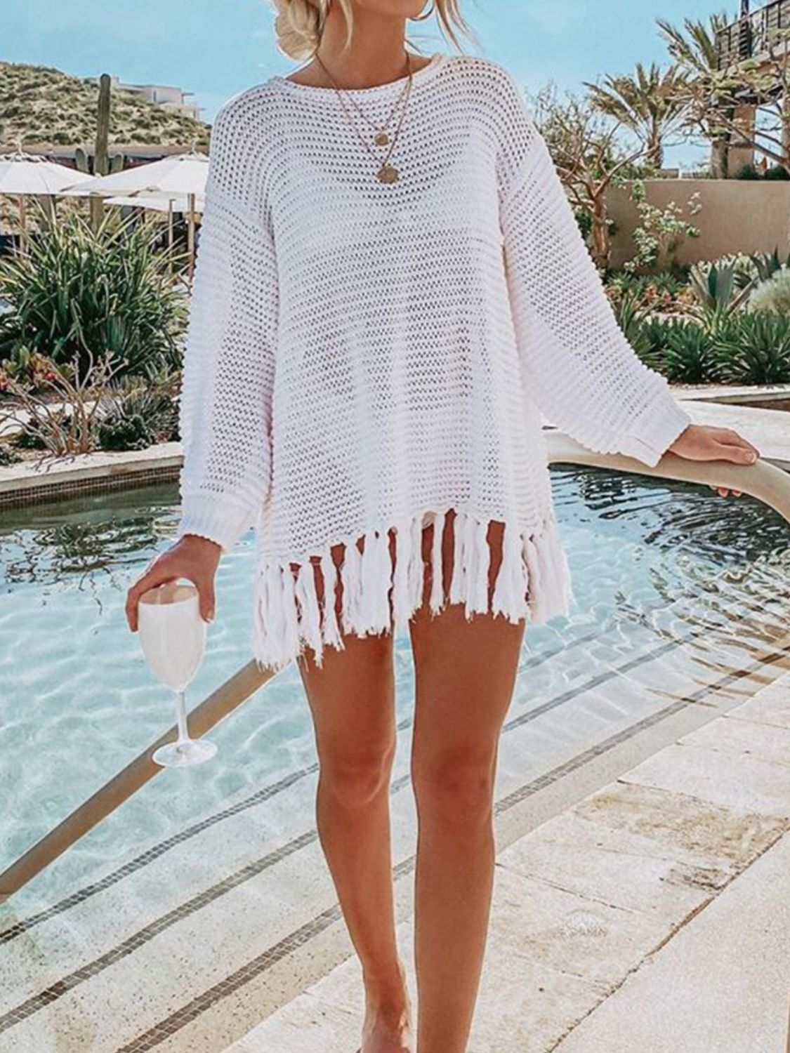 Double Take Openwork Tassel Hem Long Sleeve Knit Cover Up - More Colors! - In Style Chics Boutique LLC