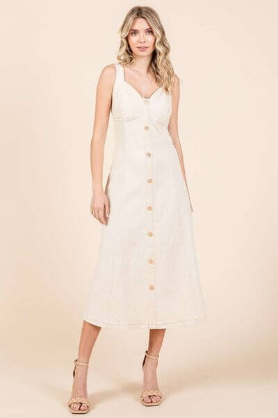 Stretch Twill Decor Button Sleeveless Midi Dress - In Style Chics Boutique
