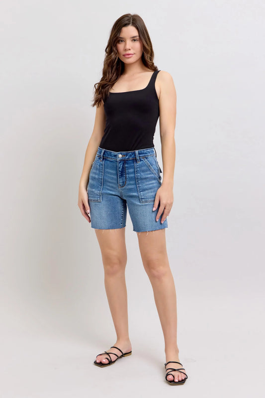 Judy Blue Mid Rise Bermuda Denim Jean Shorts W/ Back Flap Pockets - In Style Chics Boutique