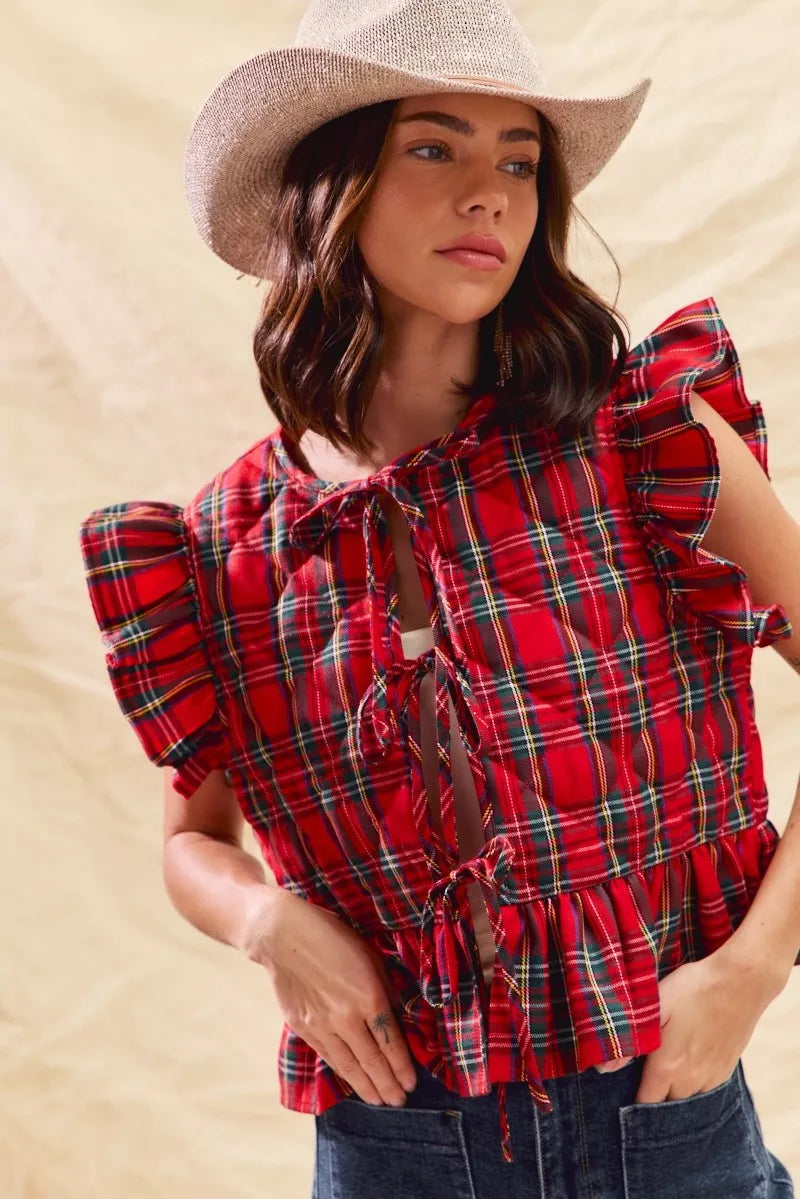 Shop Christmas Holiday Plaid Ruffled Quilt Vest Top at In Style Chics Boutique ❤️ 💚🖤