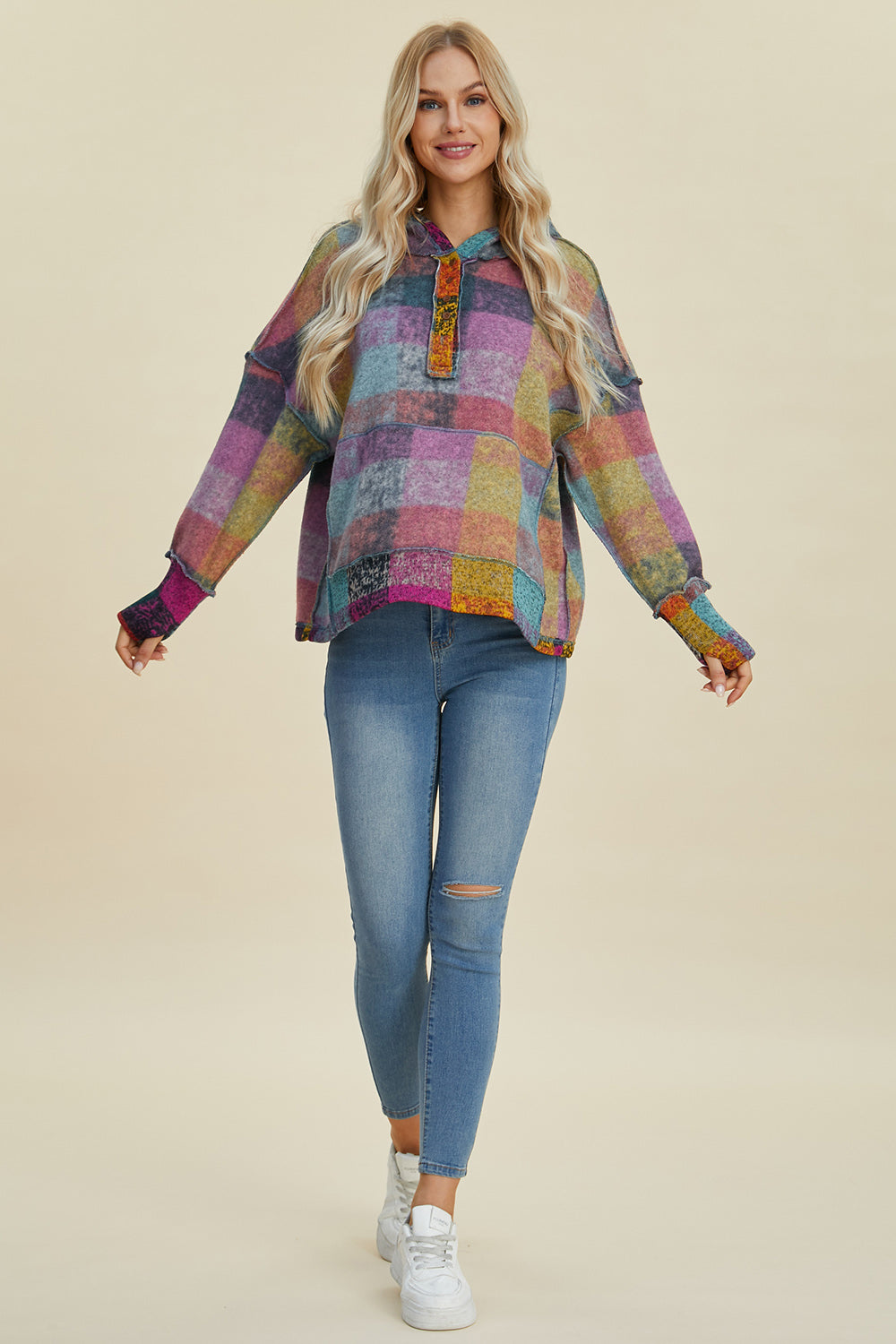 Double Take Full Size Plaid Dropped Shoulder Fleece Hoodie - In Style Chics Boutique LLC