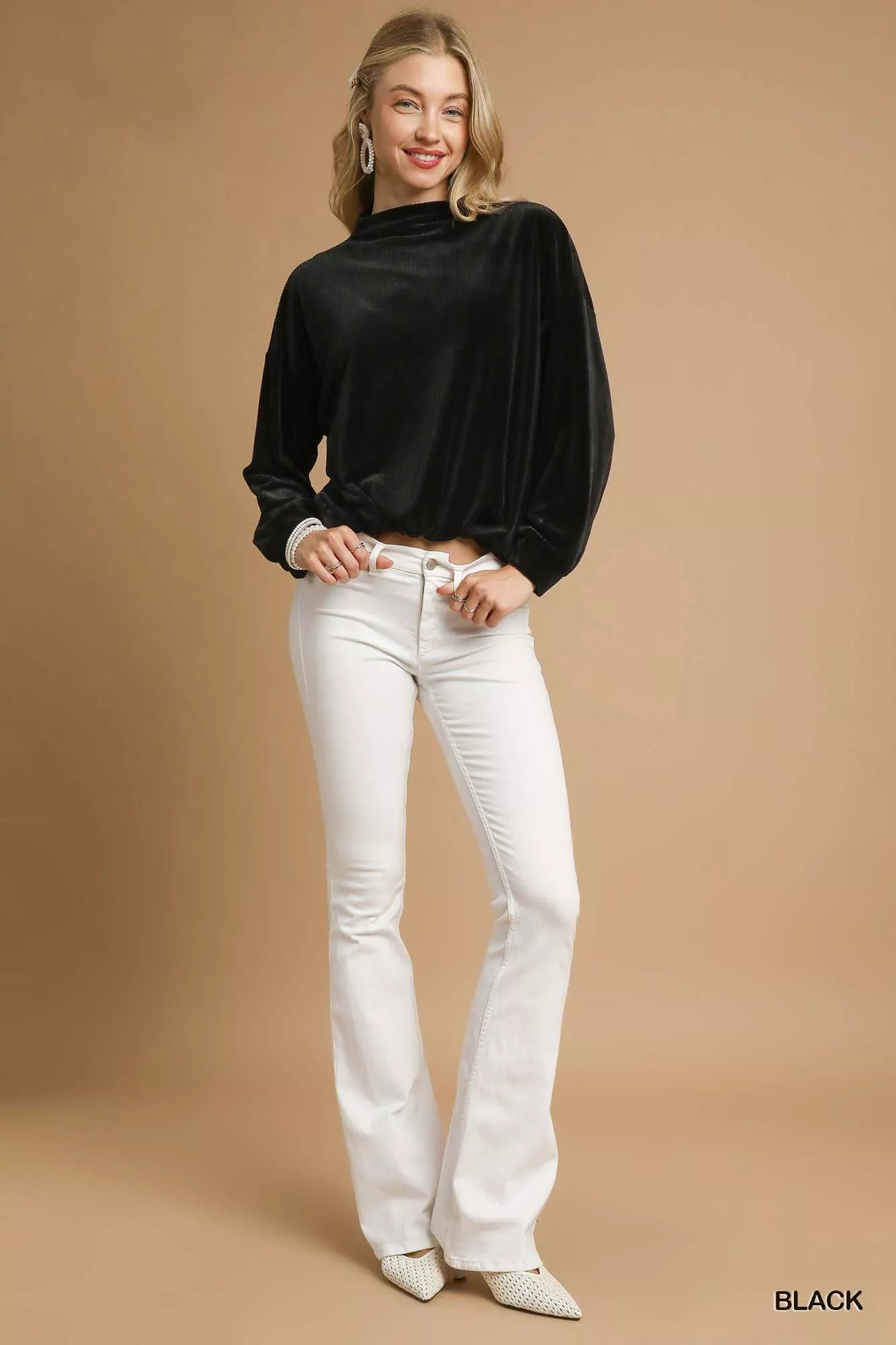 Ribbed Drawstring Hem Knit Black Top at In Style Chics Boutique