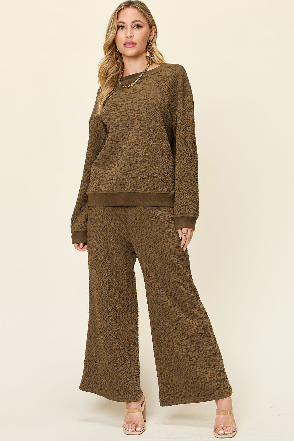 Double Take Full Size Texture Long Sleeve Top and Pants Set - In Style Chics Boutique LLC