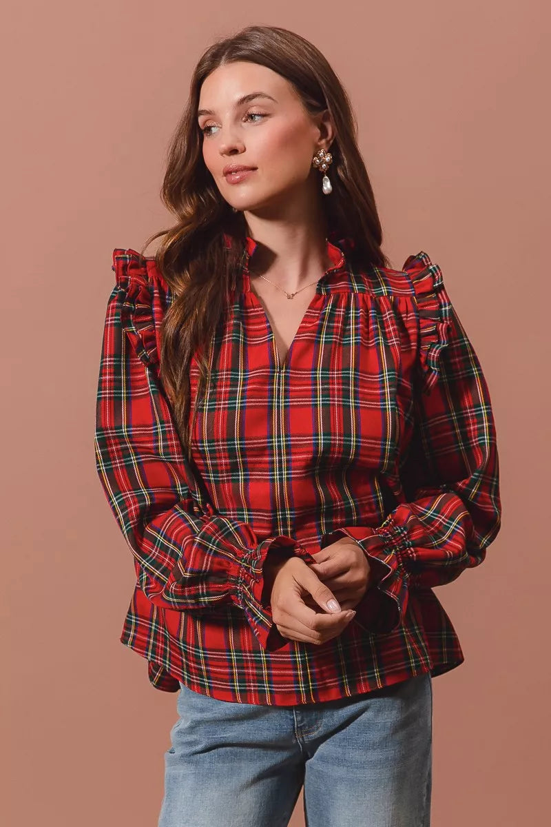 Christmas Checkered Plaid Smocked ♥️ Blouse at In Style Chics Boutique