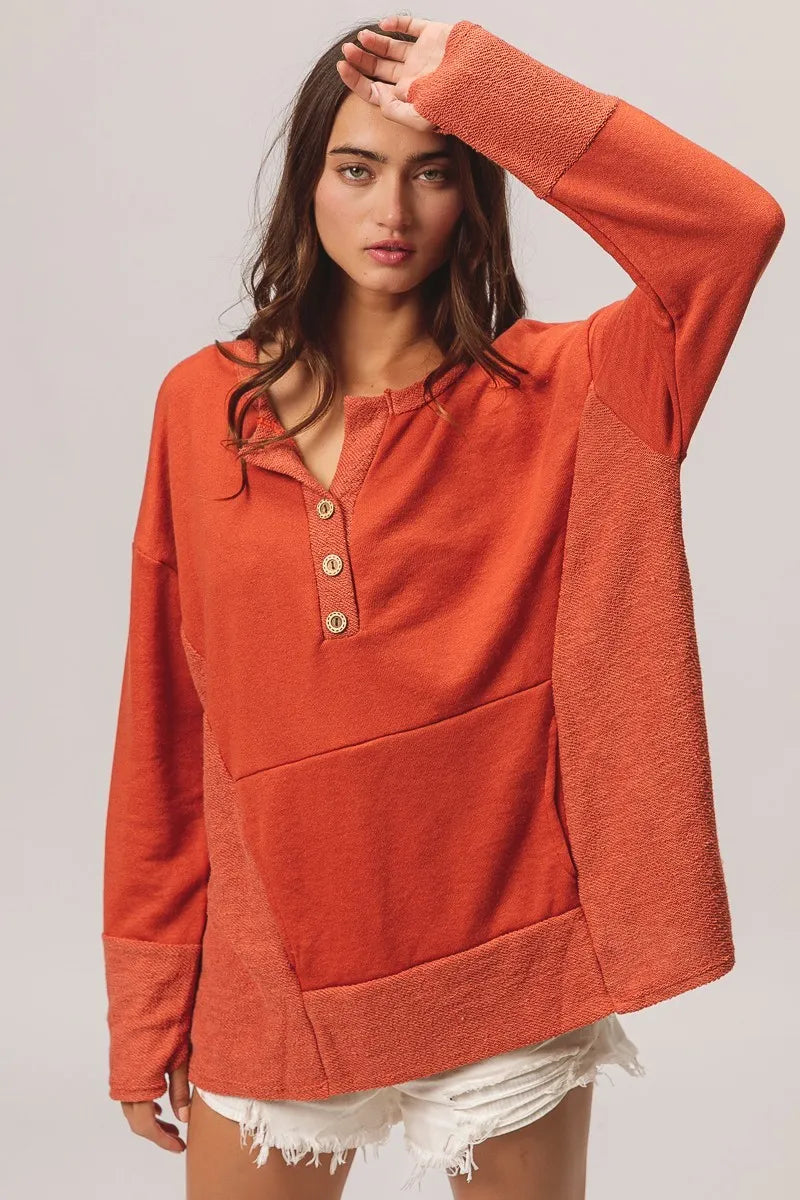 French Terry Knit Side Block Buttoned Henley Top at In Style Chics Boutique