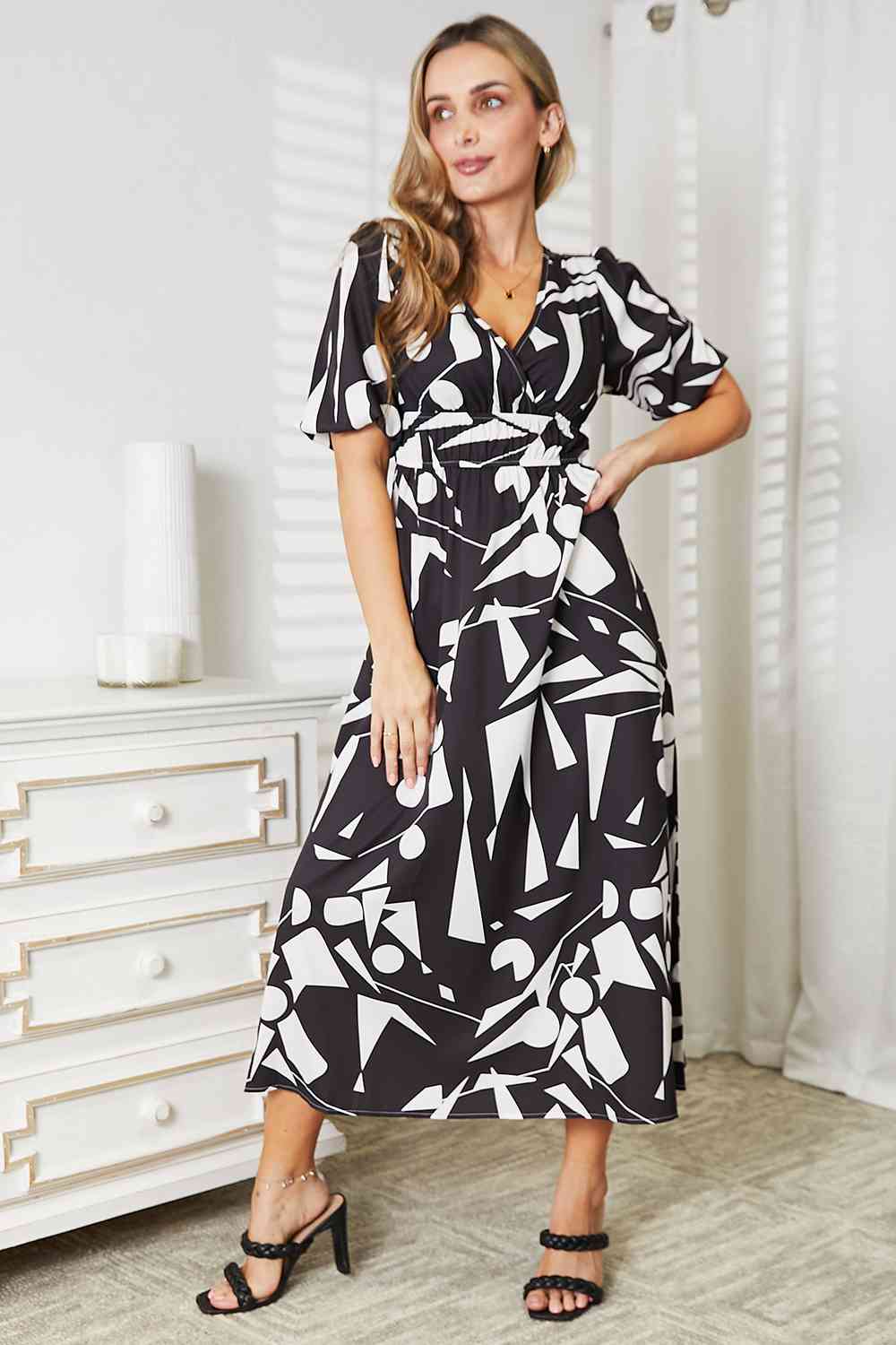 Printed Surplice Balloon Sleeve Dress - spring dresses - In Style Chics Boutique Online Clothing