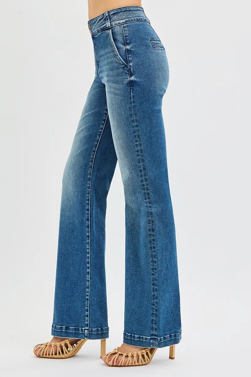 RISEN Tummy Control High Rise Bootcut Jeans Double Button Waist at In Style Chics Boutique