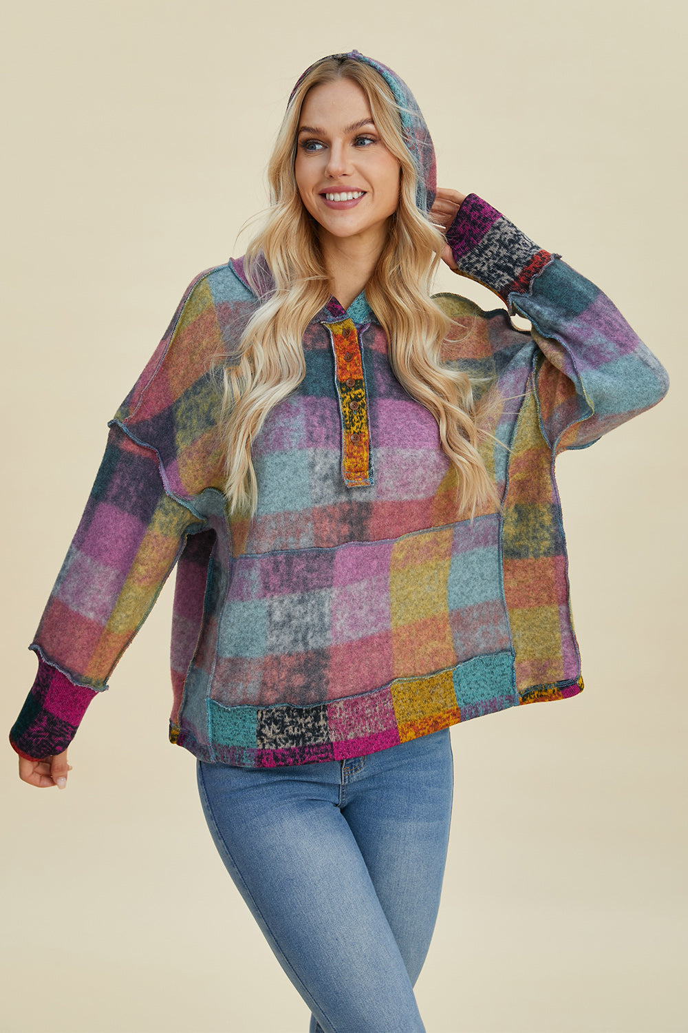 Double Take Full Size Plaid Dropped Shoulder Fleece Hoodie - In Style Chics Boutique LLC